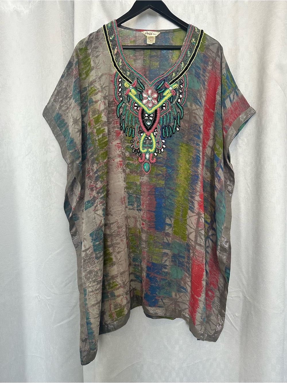 Beaded Bohemian Multicolor V-Neck Tunic Poncho Top